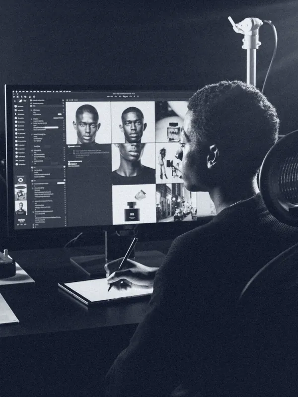 Un créatif en studio retouche une série de visuels générés par IA